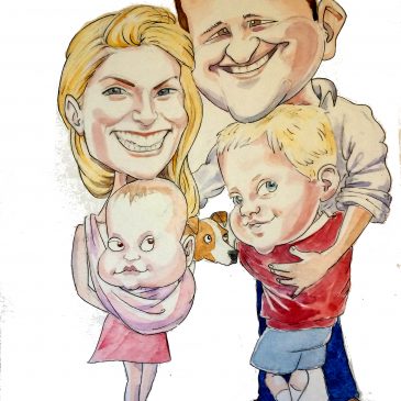 Family caricature from photos – A3 watercolour painting
