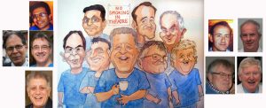 Traditional hand drawn caricatures of Aneurin Bevan Health Board surgeons
