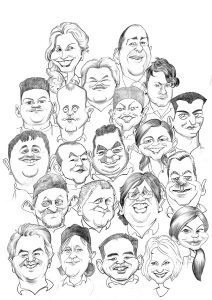 Hand drawn caricature of 20 people