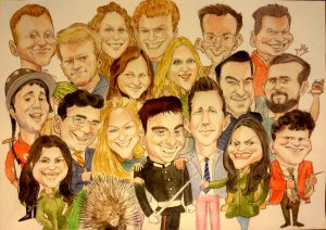 Hand DRAWN traditional large group caricature painted in waterclours on A3