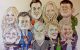 Hand drawn group caricature A3 waterclour on board