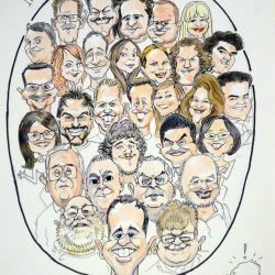 Some Boffins from Bristol University on a microscope slide! Hand drawn caricature painted in watercolouir