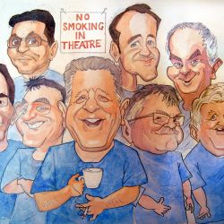Aneurin Bevan Health Board surgeons - a retirement gift for the chap in the middle! Traditional hand drawn caricatures of Aneurin Bevan Health Board surgeons