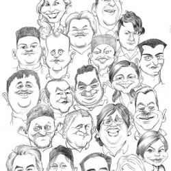 Twenty cooks in black and white Hand drawn caricature of 20 people