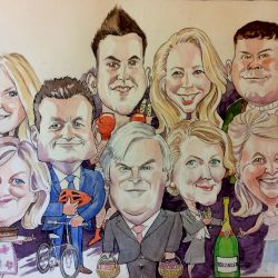 Hand drawn group caricature A3 waterclour on board